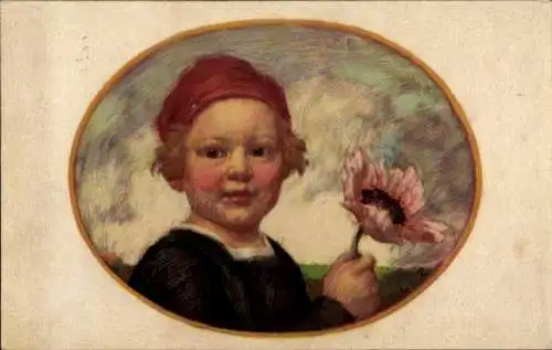 Künstler Ak von Zumbusch, Ludwig, Bayerischer Blumentag 1913, Junge mit Mohnblüte