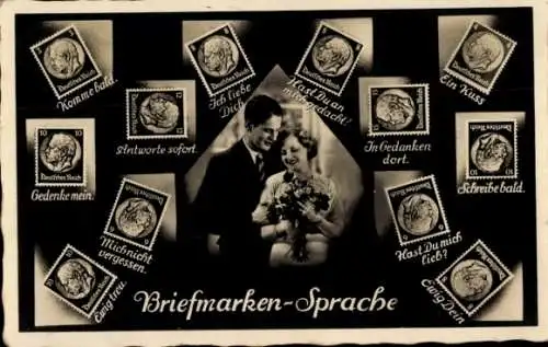 Ak Briefmarkensprache, Liebespaar, Komme bald, Ich liebe Dich