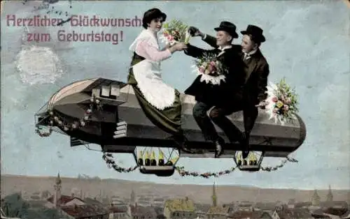 Ak Glückwunsch Geburtstag, Frau und Männer auf einem Zeppelin, Luftschiff, Blumenstrauß