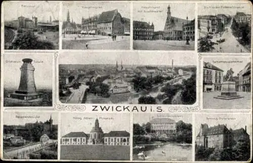 Ak Zwickau in Sachsen, Bahnhof, Hauptmarkt, Stadttheater, Schlösser, Museum, Denkmal