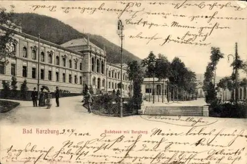 Ak Bad Harzburg am Harz, Badehaus mit Burgberg