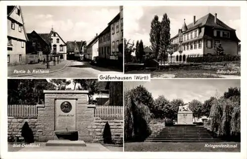 Ak Gräfenhausen Birkenfeld in Württemberg, Rathaus, Schulhaus, Sixt-Denkmal, Kriegerdenkmal