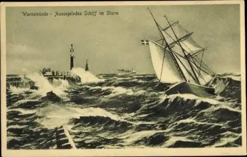 Ak Ostseebad Warnemünde Rostock, Aussegelndes Schiff im Sturm, Mole, Leuchtturm