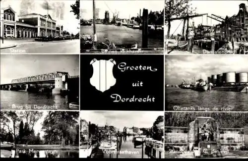 Ak Dordrecht Südholland Niederlande, Bahnhof, Brücke, Öltanks am Fluss entlang, Park