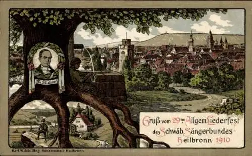 Litho Heilbronn am Neckar, Liederfest des Schwäb. Sängerbundes 1910, Komponist Silcher, Totale