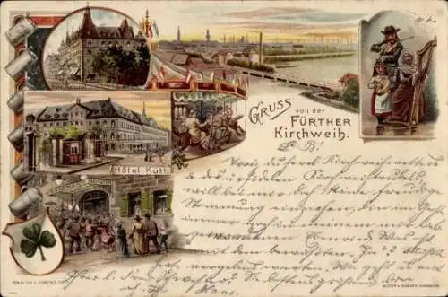 Litho Fürth in Mittelfranken Bayern, Kirchweih, Karussell, Hotel Kütt