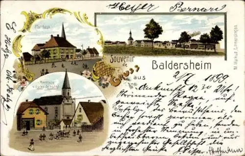 Litho Baldersheim Aub in Unterfranken, Pfarrhaus, Geschäftshaus Jules Schultz