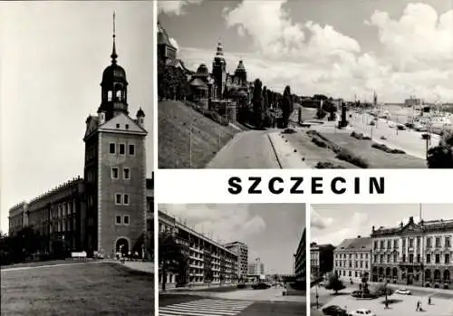 Ak Szczecin Stettin Pommern, Glockenturm des Schlosses, Hafen an der Oder, Orla-Białego-Platz