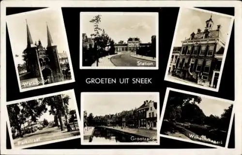 Ak Sneek Friesland Niederlande, Waterpoort, Station, Stadthuis, Parkstraat, Grootzand