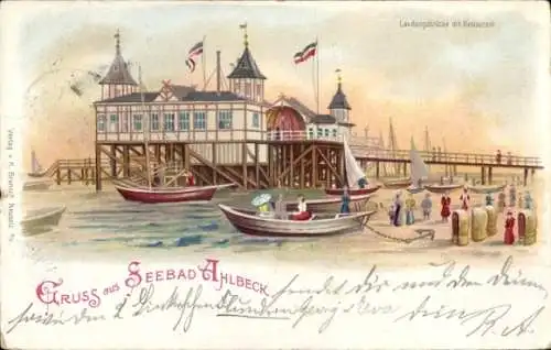 Litho Ostseebad Ahlbeck Heringsdorf Usedom, Landungsbrücke mit Restaurant