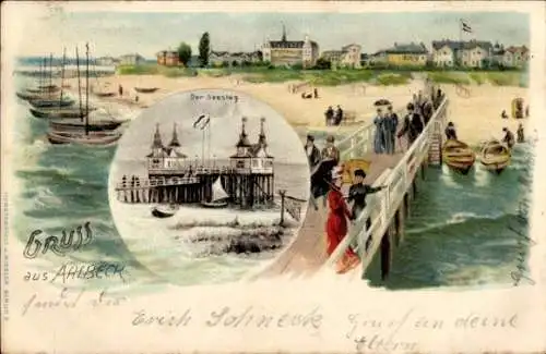 Litho Ostseebad Ahlbeck Heringsdorf auf Usedom, Strandpanorama, Seesteg