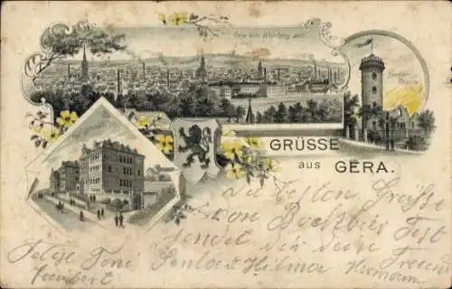 Litho Gera in Thüringen, Gesamtansicht, Turm, Realgymnasium