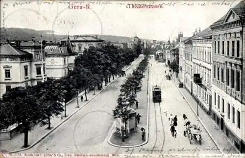 Ak Gera in Thüringen, Theaterstraße, Straßenbahn, Pferdewagen