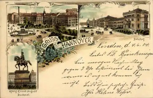 Litho Hannover in Niedersachsen, Ernst-August Platz, König-Ernst August Denkmal, Bahnhof