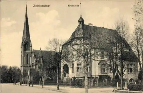 Ak Berlin Zehlendorf, Blick auf Villa und Kirche in der Kirchstraße, Bäume, Garten