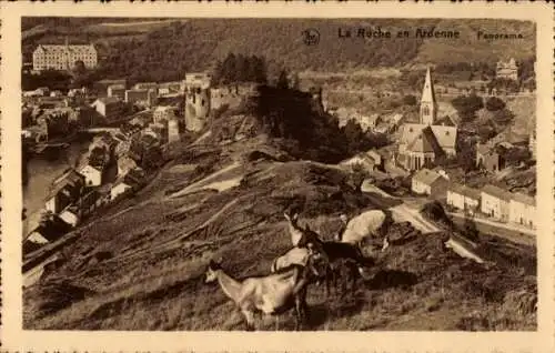 Ak La Roche en Ardenne Wallonien Luxemburg, Panorama vom Ort, Ziegen, Kirche