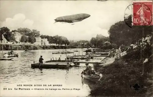 CPA Le Perreux sur Marne Val de Marne, Chemin de balage au Perreux Plage, Zeppelin