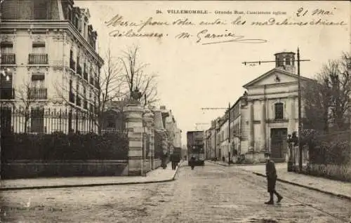 Ak Villemomble Seine Saint Denis, Grande Rue, alte Kirche, Straßenbahn