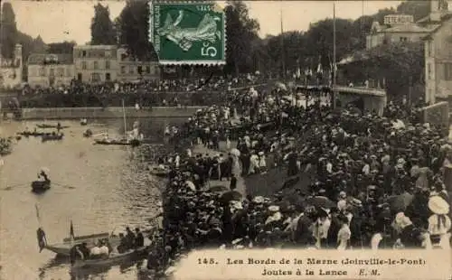 Ak Joinville le Pont Val de Marne, Lanzen Tjosten mit Booten an den Ufern der Marne