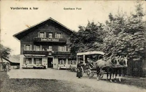 Ak Vorderriß Vorderriss Lenggries in Oberbayern, Gasthof zur Post, Kutsche