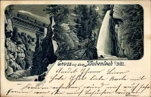 Mondschein Litho Biel Bienne Kt. Bern Schweiz, Gruß aus dem Taubenloch, Eisenbahnviadukt, Wasserfall