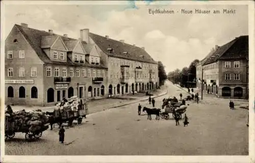 Ak Tschernyschewskoje Eydtkuhnen Ostpreußen, Neue Häuser am Markt, Pferdewagen