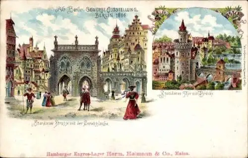 Litho Berlin, Gewerbeausstellung 1896, Spandauer Straße, Gerichtslaube, Spandauer Tor, Brücke