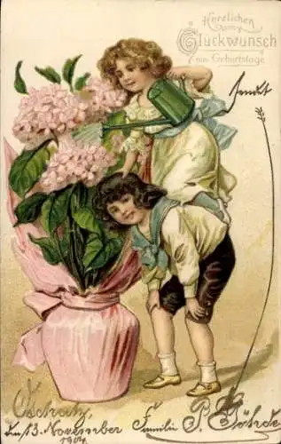 Litho Souvenir, Kinder, Blumentopf, Gießkanne