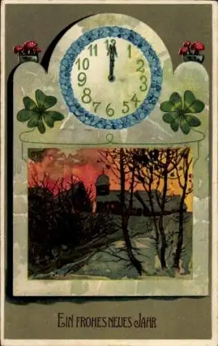 Präge Ak Glückwunsch Neujahr, Uhr, Winterlandschaft, Klee, Pilze