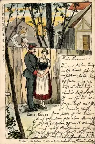 Künstler Litho Soldat mit junger Frau, Erwischt, Warte Krause, Bruno Bürger 895