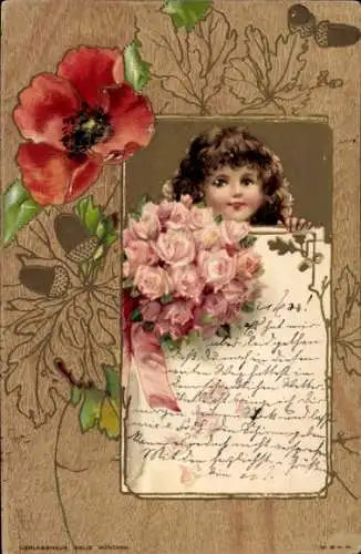 Präge Litho Mädchen mit Blumenstrauß, Rosen, Mohn