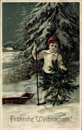 Präge Litho Glückwunsch Weihnachten, Junge mit Tannenbaum und Schlitten