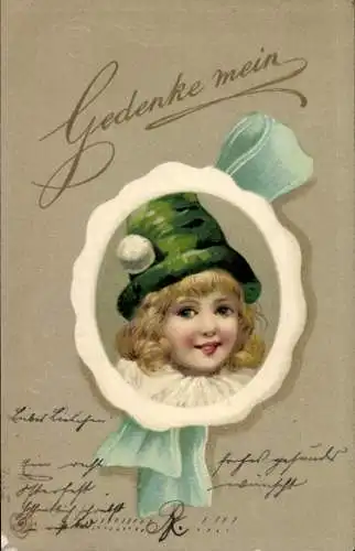 Ak Mädchen-Portrait, Mütze, Gedenke mein, Kitsch