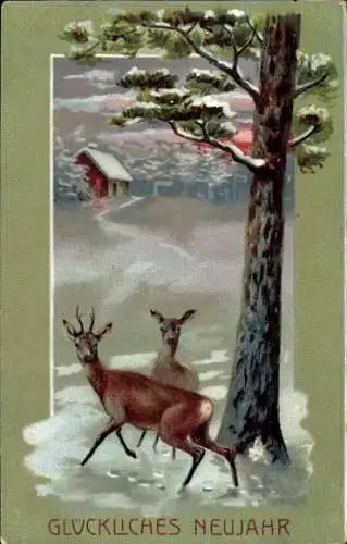 Präge Ak Glückwunsch Neujahr, Rehe, Winterlandschaft