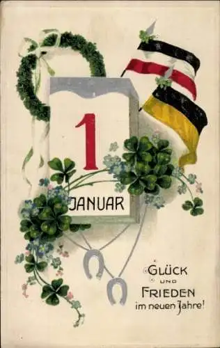 Präge Litho Glückwunsch Neujahr, Kalender, Fahnen, Kleeblätter, Hufeisen