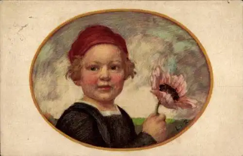 Künstler Ak von Zumbusch, Ludwig, Bayerischer Blumentag 1913, Junge mit Mohnblüte