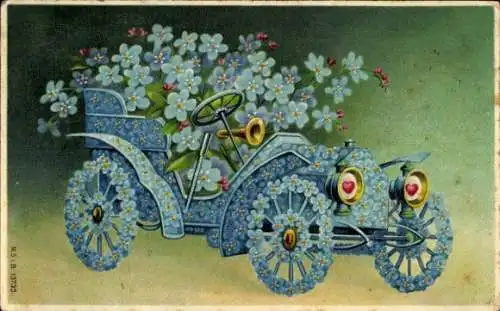 Präge Ak Glückwunsch Geburtstag, Auto aus Blumen, Kitsch