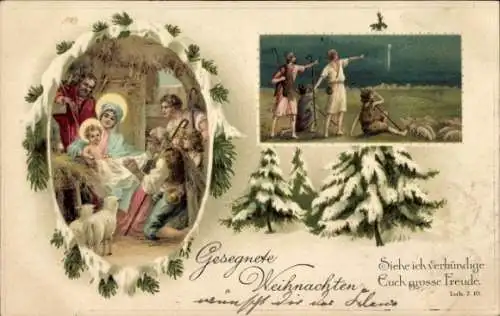 Präge Litho Glückwunsch Weihnachten, Heilige Familie, Hirten, Schafe, Christkind