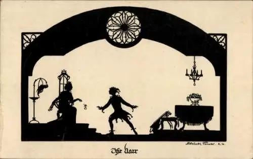 Scherenschnitt Ak Forck, Elsbeth, Ihr Narr, Frau, Papagei, Laute