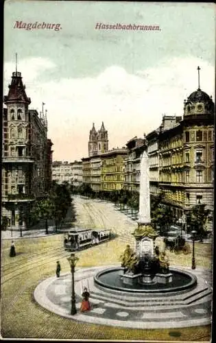 Ak Magdeburg an der Elbe, Hasselbachbrunnen, Straßenbahn