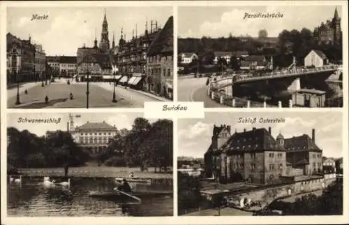 Ak Zwickau Sachsen, Paradiesbrücke, Schloss Osterstein, Markt, Schwanenschloss