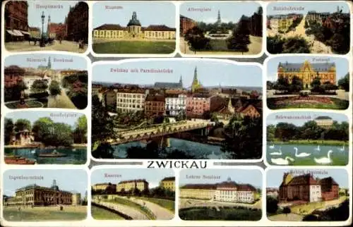 Ak Zwickau in Sachsen, Sicht auf Albertplatz, Museum, Ingenieurschule, Kaserne, Postamt