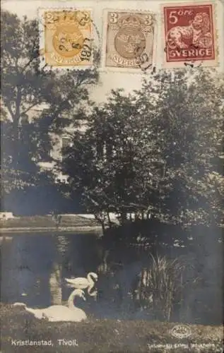 Ak Kristianstad Schweden,  Tivoli, zwei Schwäne im Teich