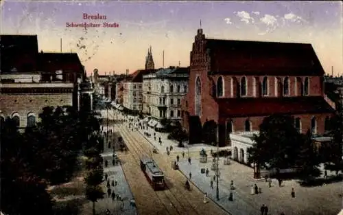 Ak Wrocław Breslau Schlesien, Schweidnitzer Straße, Straßenbahn