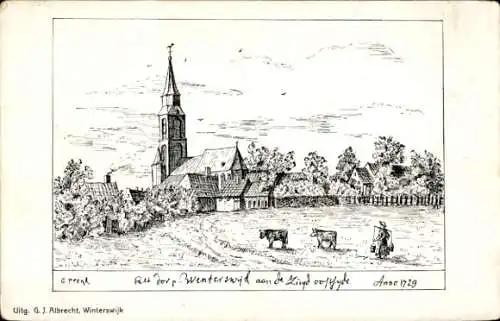 Künstler Ak Winterswijk Gelderland Niederlande, Teilansicht mit Kirche, Anno 1729