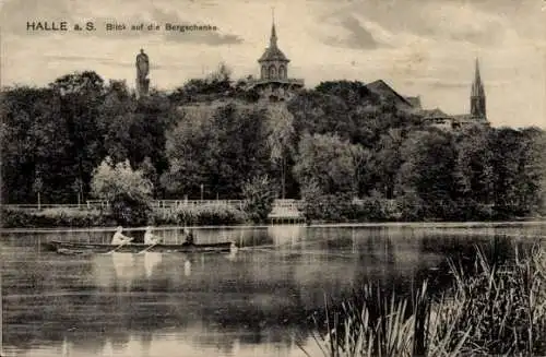 Ak Halle an der Saale, Blick auf die Bergschenke, Ruderboot