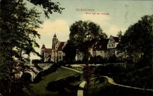 Ak Glauchau in Sachsen, Bismarckturm, Blick auf das Schloss