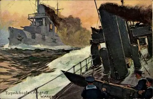 Künstler Ak Malchin, W., Torpedobootsangriff, Deutsche Marine Soldaten am Geschütz, Kaiserreich