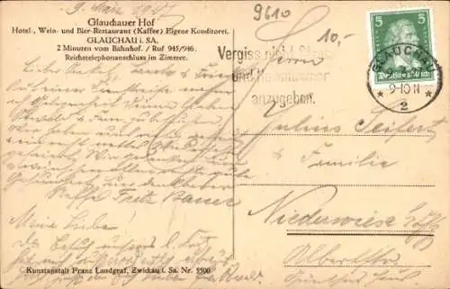 Ak Glauchau in Sachsen, Hotel-, Wein- und Bier-Restaurant (Kaffee) Glauchauer Hof