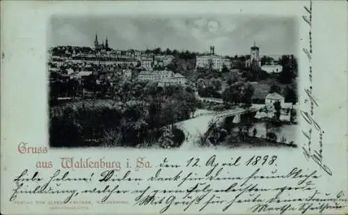 Mondschein Ak Waldenburg in Sachsen, Gesamtansicht